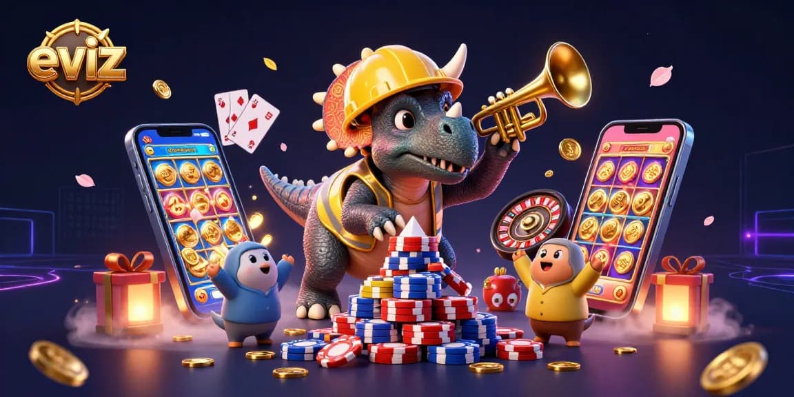 Join the fun at eviz as a triceratops builds a poker chip tower amidst a vibrant casino scene!