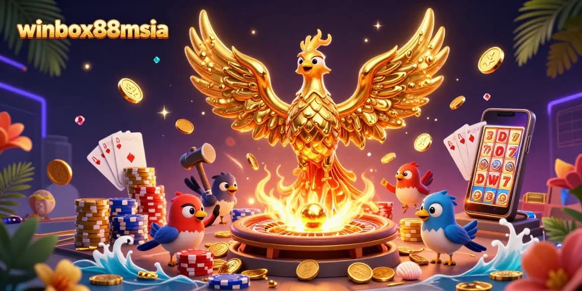 Engage with winbox88msia’s casino excitement through a stunning 3D golden phoenix illustration.