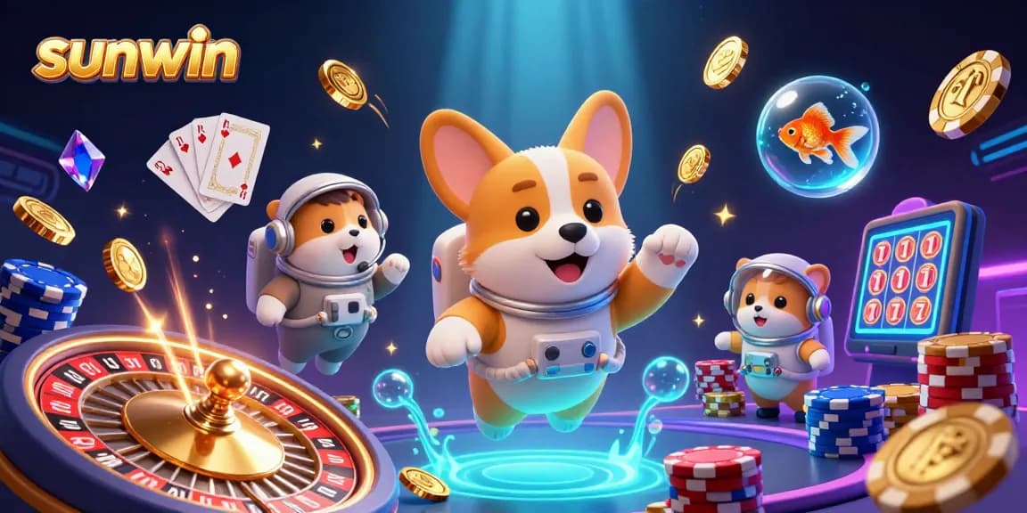 Experience sunwin's thrilling casino atmosphere with a cartoon astronaut corgi and friends in zero gravity.
