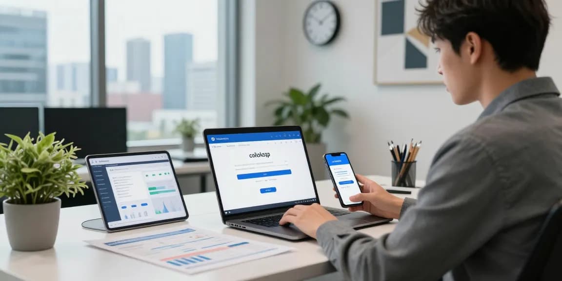 Employee using coloksgp login on a laptop amid digital finance workspace.