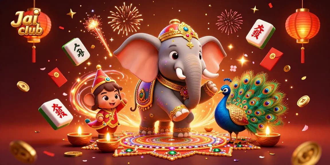 Experience exciting gameplay on Jai club with a vibrant 3D illustration of festival-themed characters and gaming elements.