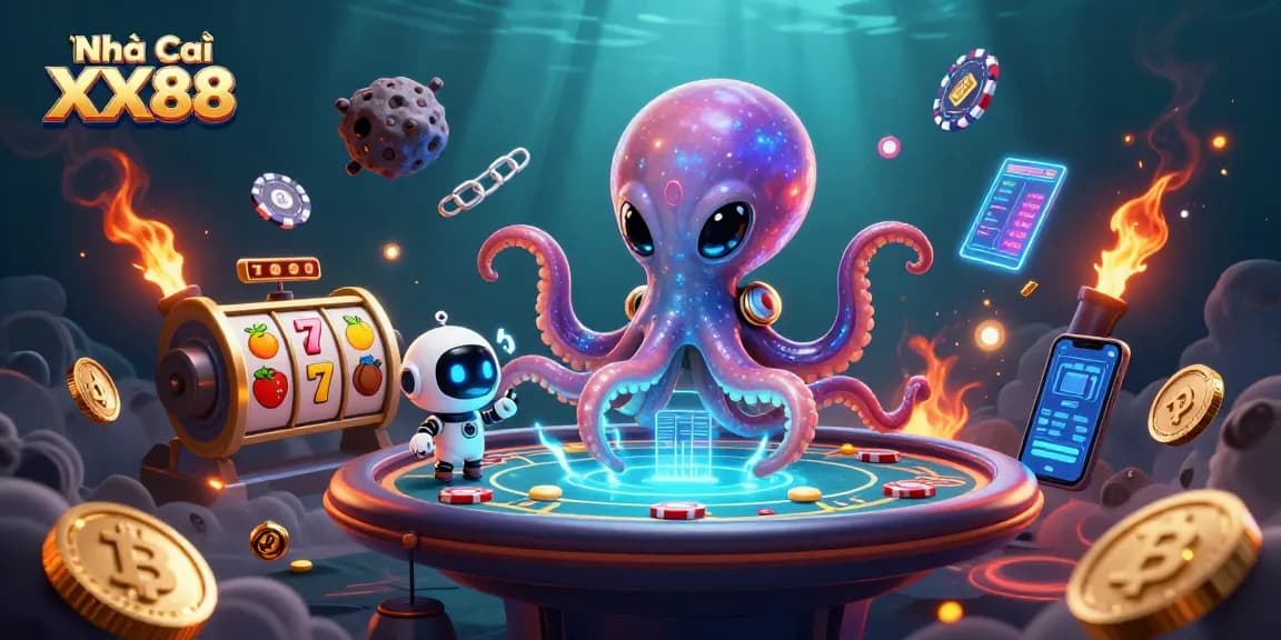 Engage with Nhà cái XX88 as a cartoon alien octopus operates a vibrant holographic poker table in space.