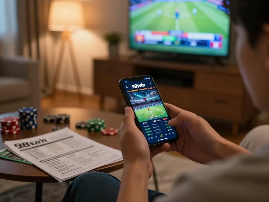 Person placing bets on link 98win app at home, surrounded by betting notes and sports TV.