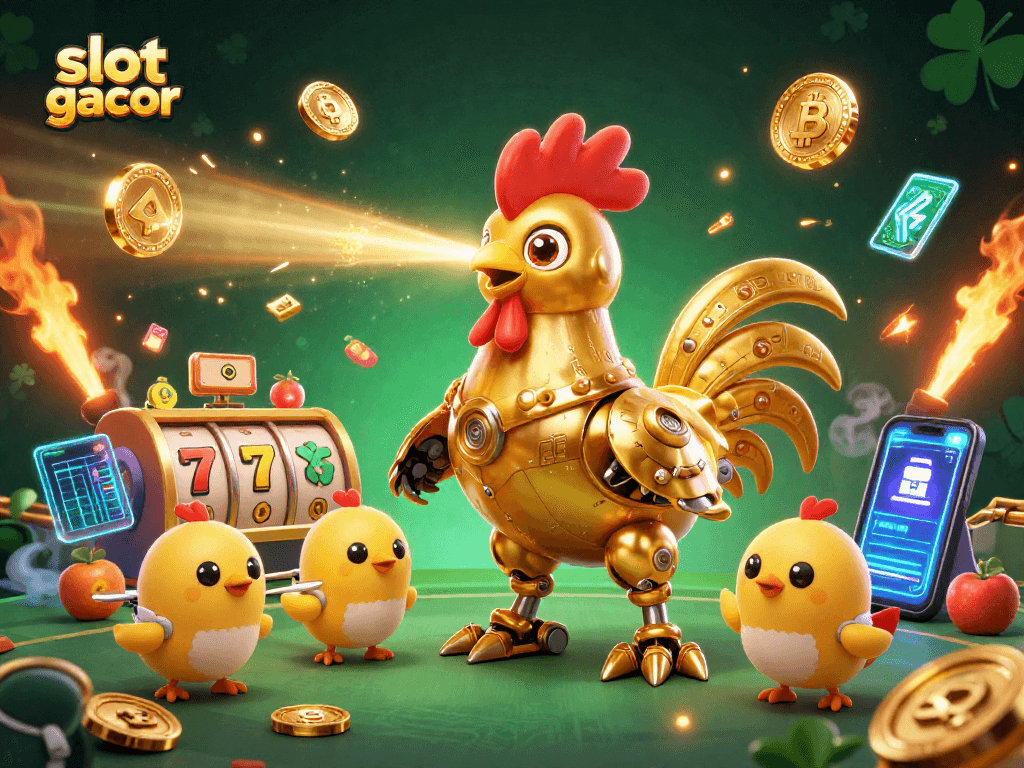 Engage in the thrilling world of slot gacor with a golden rooster robot and baby chick drones amidst a dynamic gaming scene.