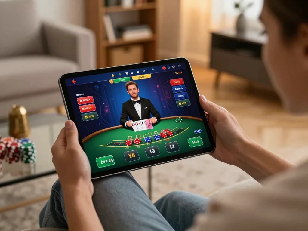 Engaging in a live blackjack game on a tablet, featuring okwin's vibrant interface and cozy atmosphere.