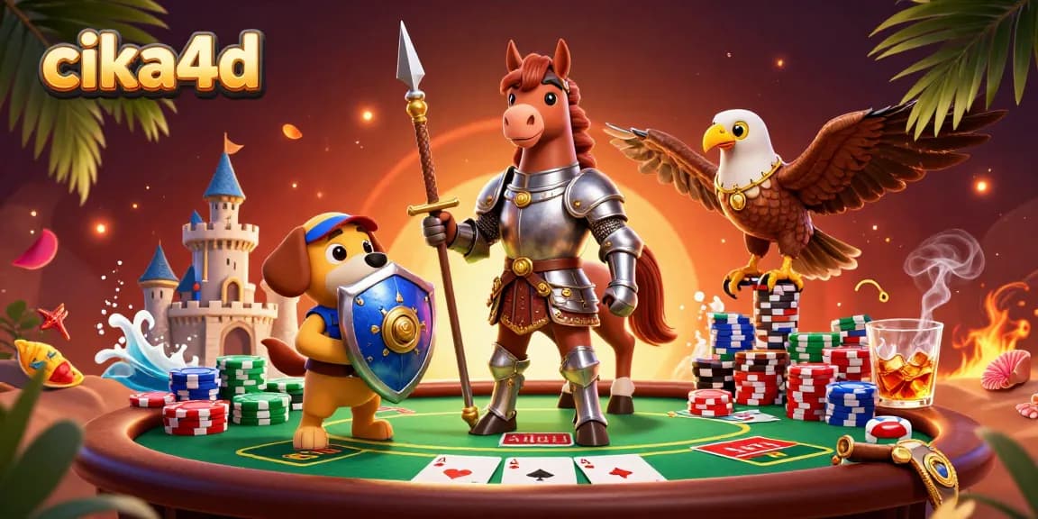 Cika4d features a dynamic casino scene with a knight, squire, and falcon at a poker table.