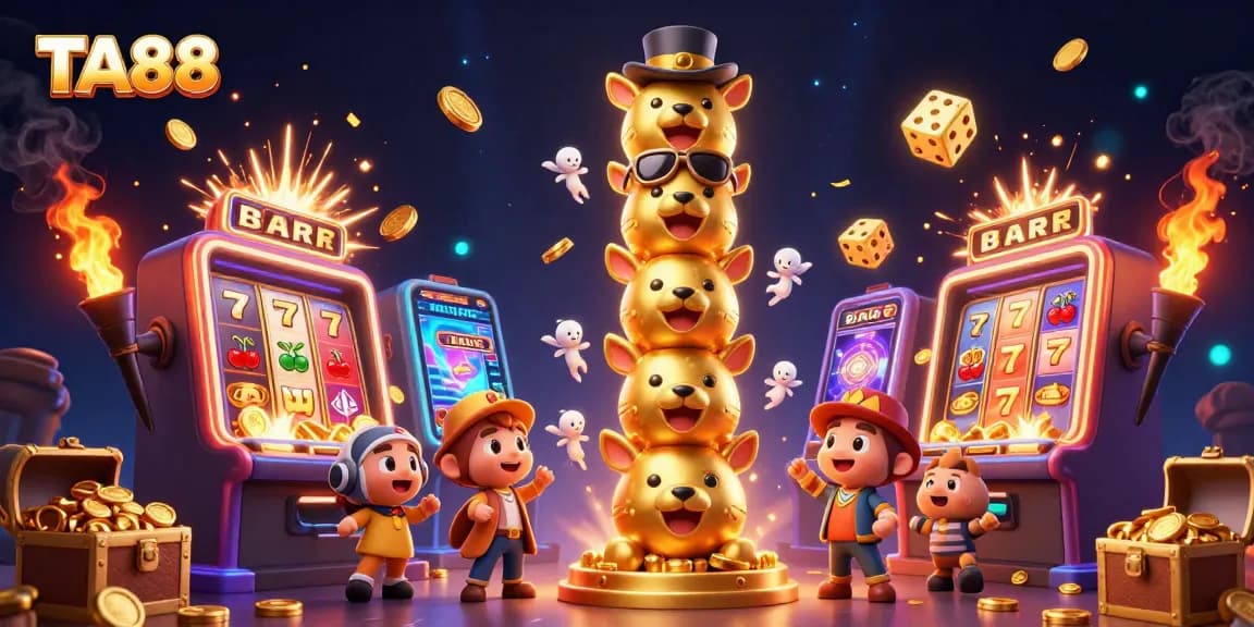 TA88 casino totem pole surrounded by slot machines and dynamic game elements.