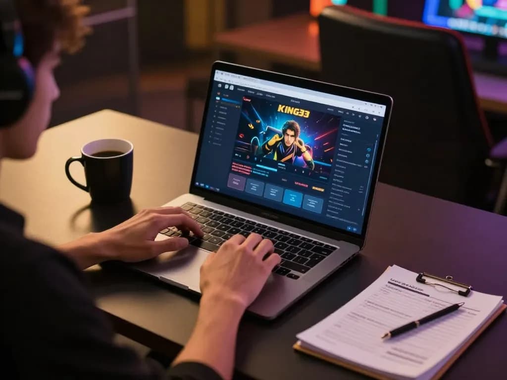 Engaging in online gaming at king33 with a laptop, coffee, and strategy notes for a focused gambling session.