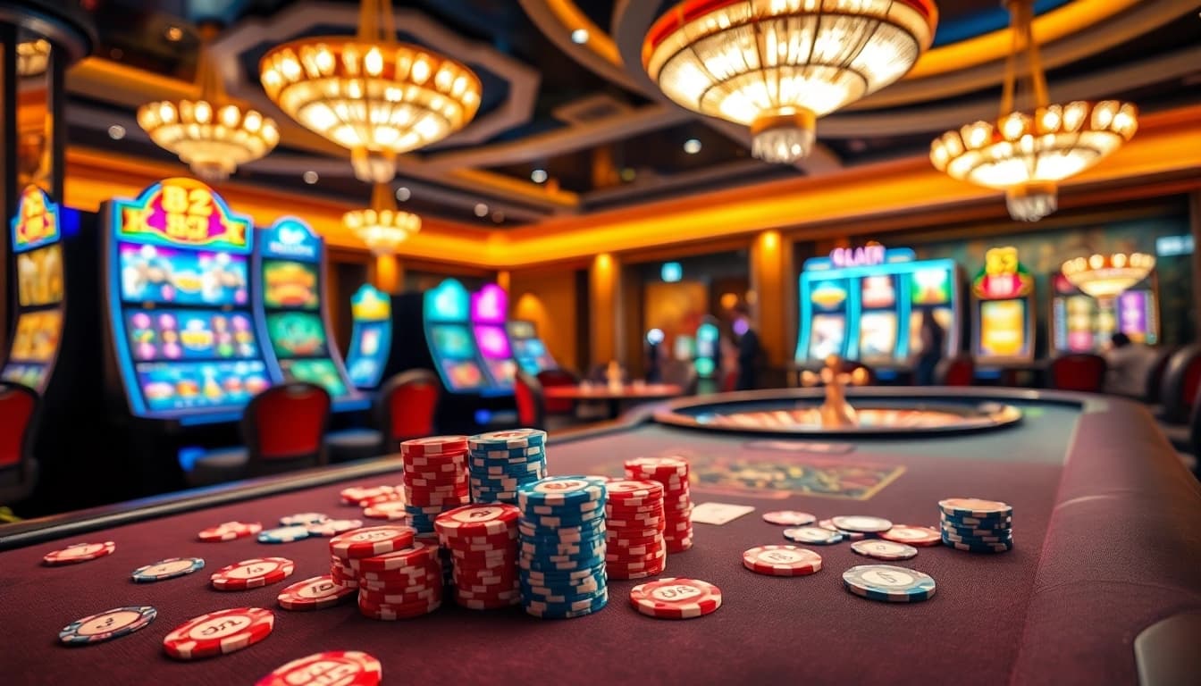 Engaging B52 poker chips at a luxurious casino table, highlighting an exciting gambling experience.