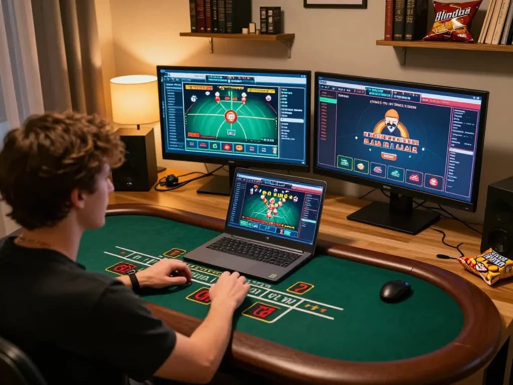 Player engaging in live dealer blackjack on hi 88 platform in a cozy home office setting.