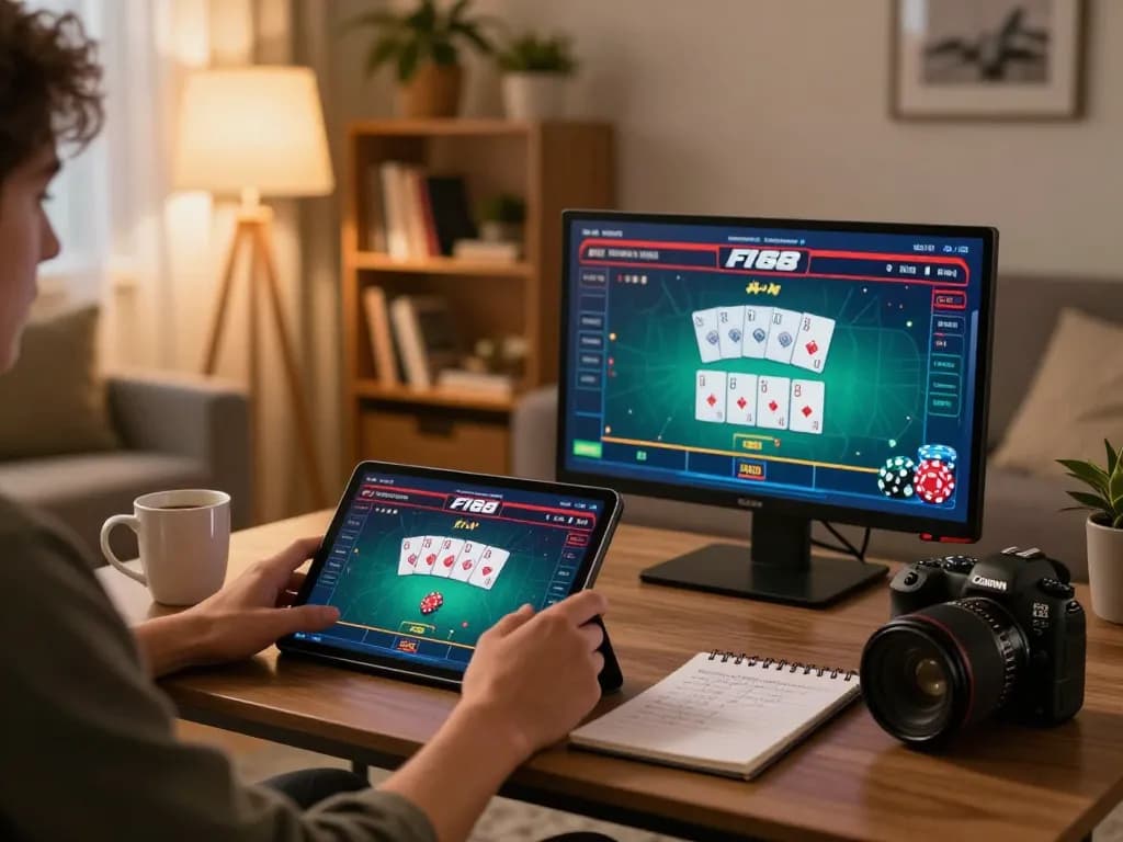 An engaged player strategizing in F168's online casino app during a cozy evening at home.