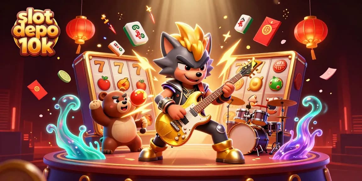 Experience the excitement of slot depo 10k with a thrilling illustration of a rock star wolf onstage amidst spinning slot reels.