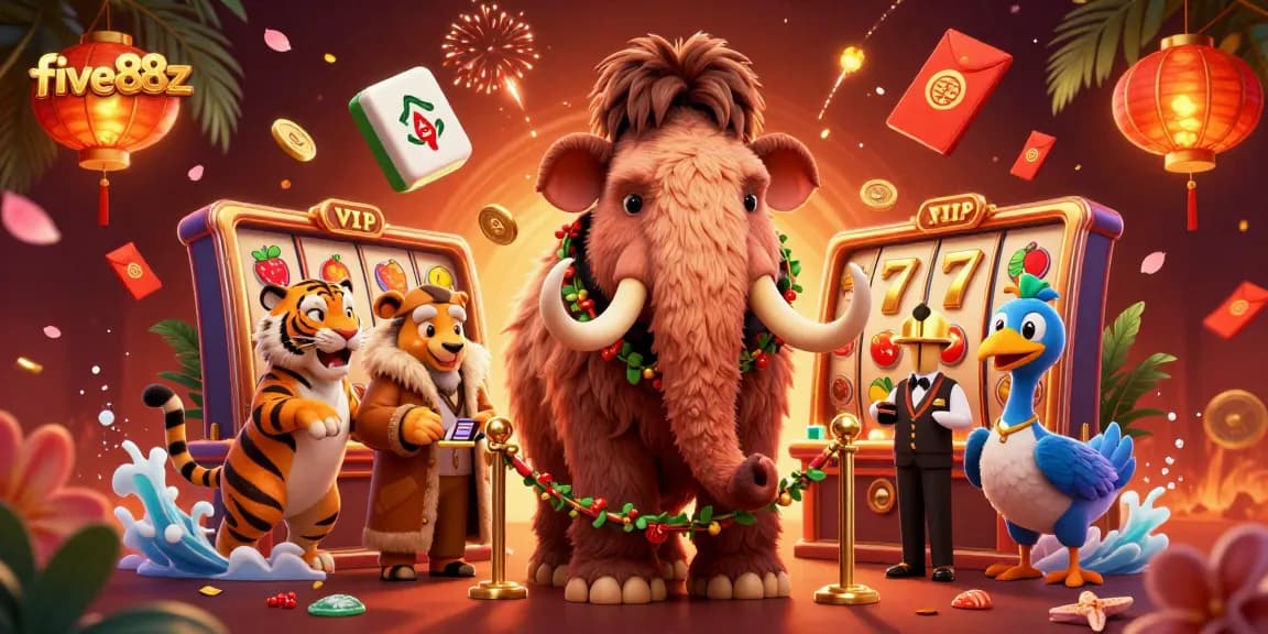 five88z showcases a vibrant casino scene with a woolly mammoth and saber-tooth tiger in action