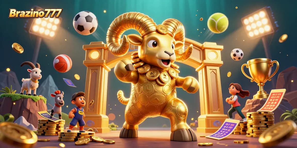 Brazino777 offers epic gaming moments with a golden ram charged at a casino backdrop.