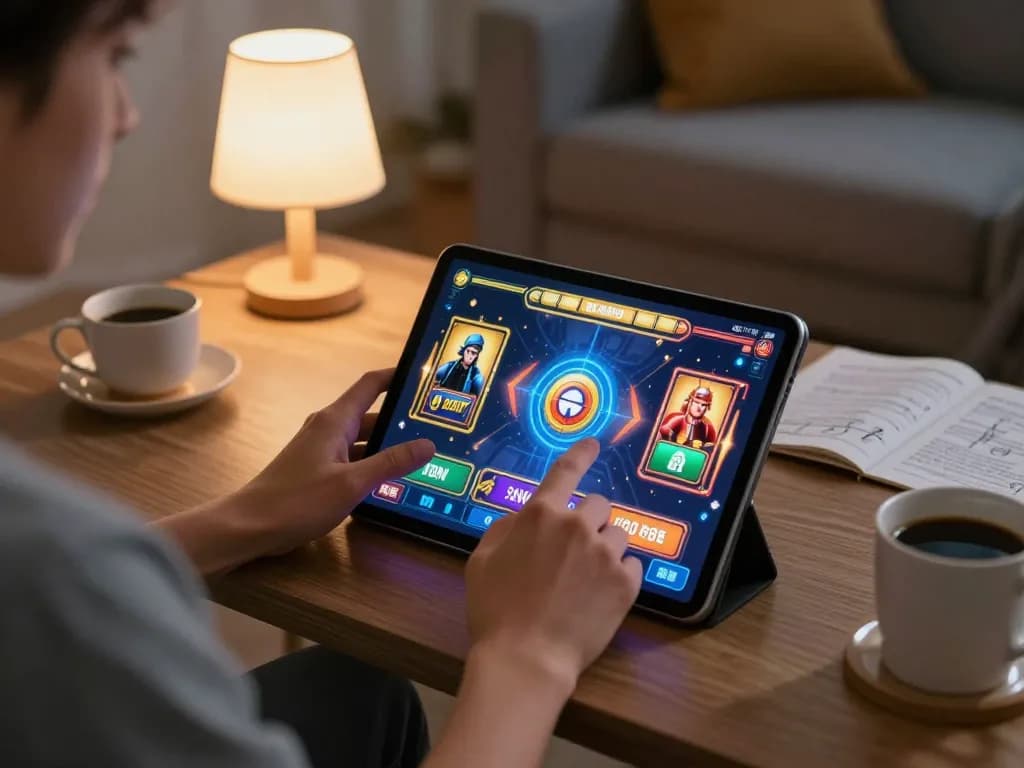 Player enjoying an online slot game on a tablet, representing agen terpercaya with engaging visuals and relaxed atmosphere.