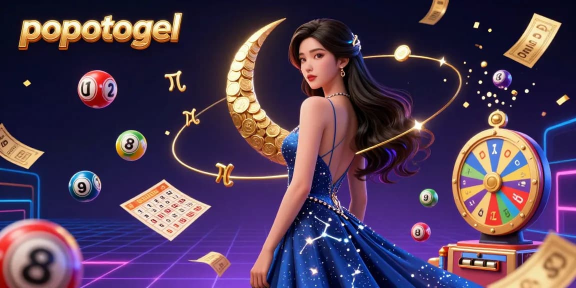 Experience popotogel excitement with bursting lottery elements and a majestic backdrop in a vibrant casino scene.