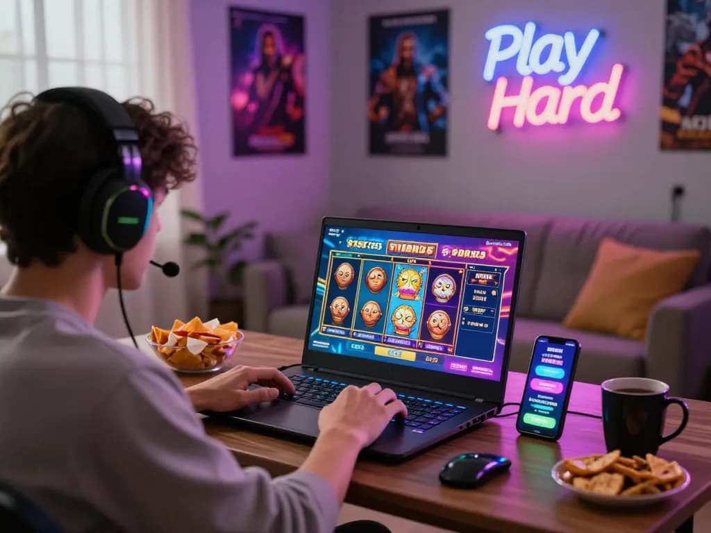 Engaged player enjoying free credit 918kiss on laptop with colorful LED lights