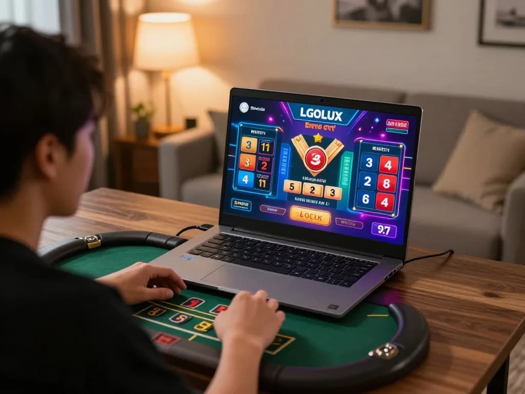 Engaging gameplay on LGOLUX casino platform illuminating a player's home environment with strategic focus.