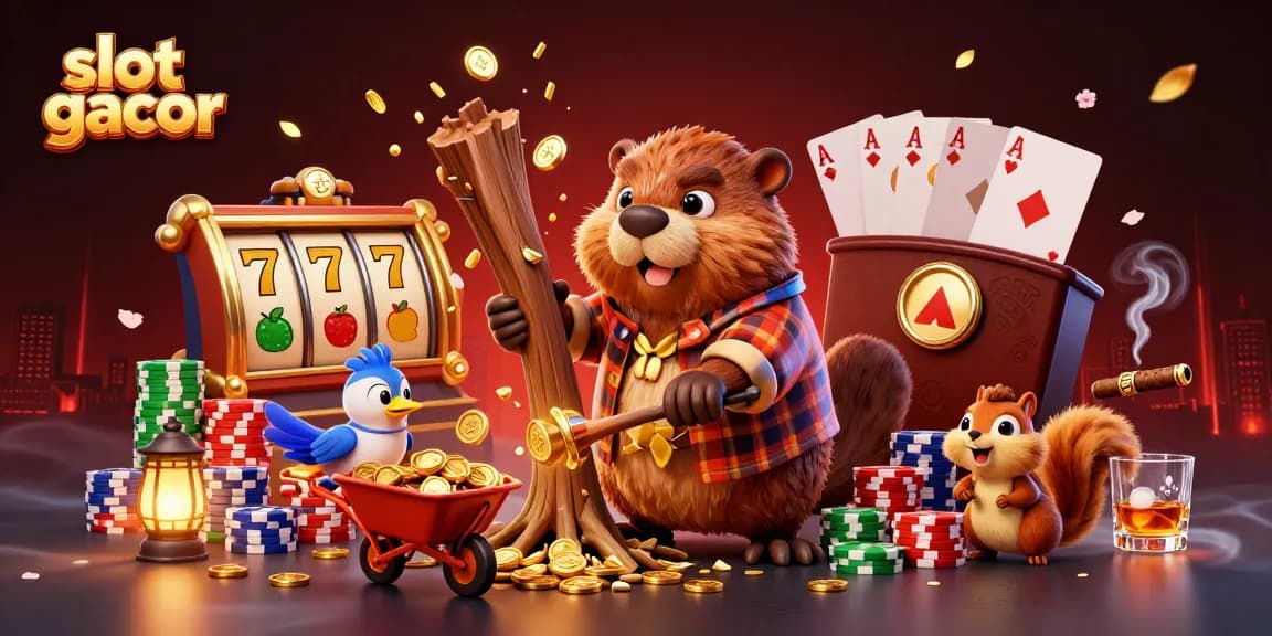 Spin the slot gacor reels with a lively scene depicting a beaver, bird, and squirrel collecting coins.