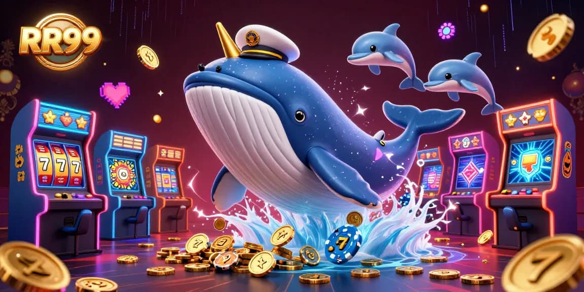 Experience the thrilling world of RR99 with lively slot reels, dolphins, and gold coins in action.