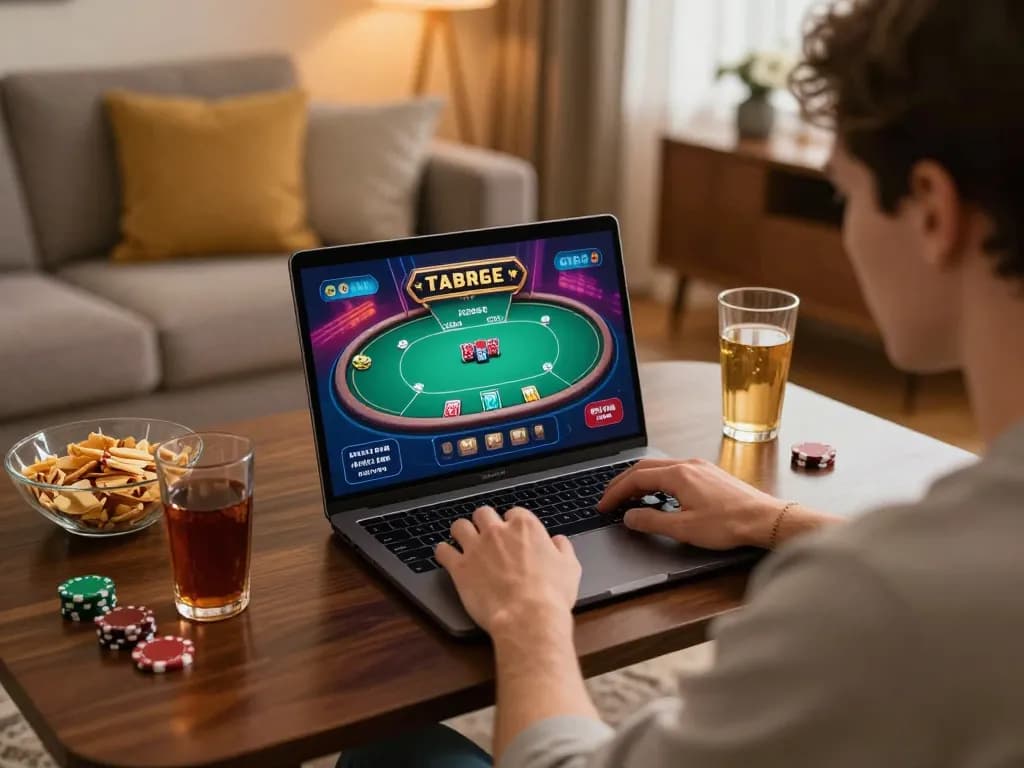 Player using laptop for 789club poker gaming in a cozy living room.