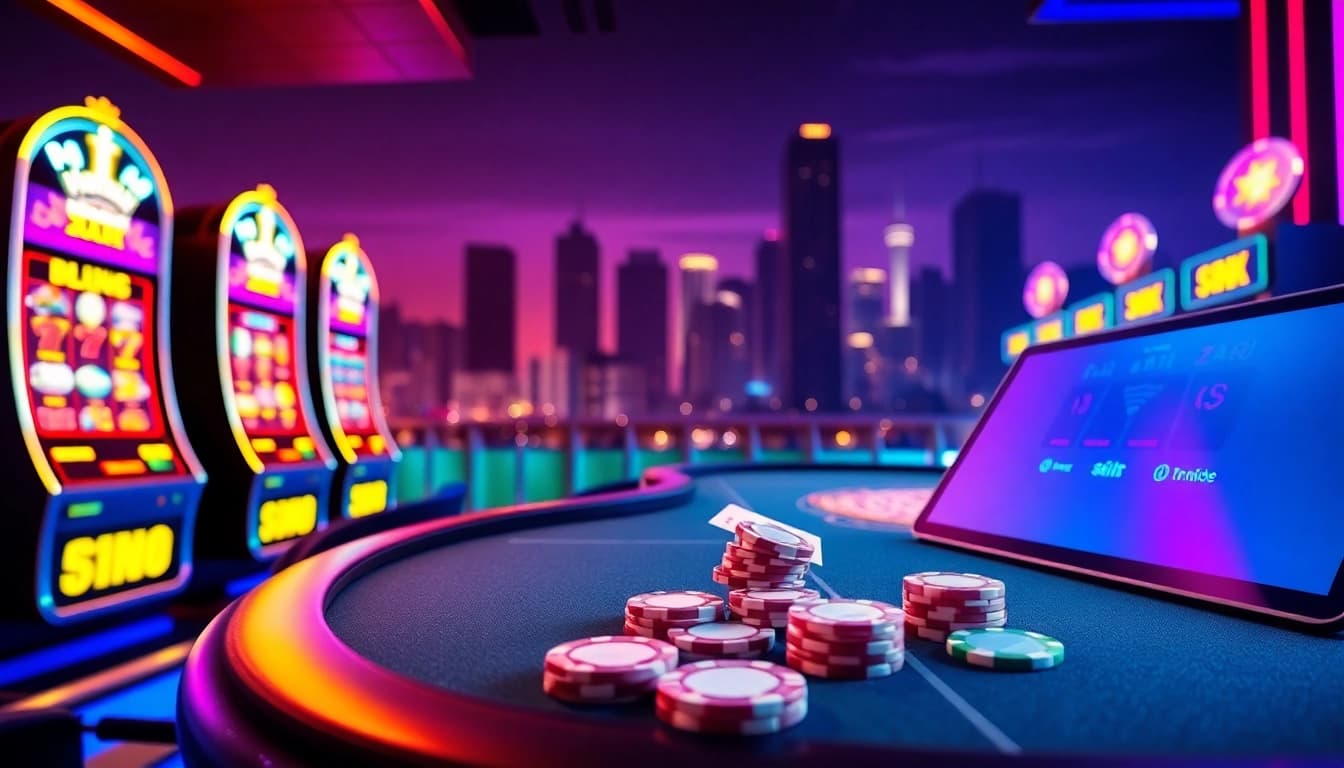 Begeisterte Spieler genießen casino spielen online mit bunten Spielautomaten und Tischspielen.