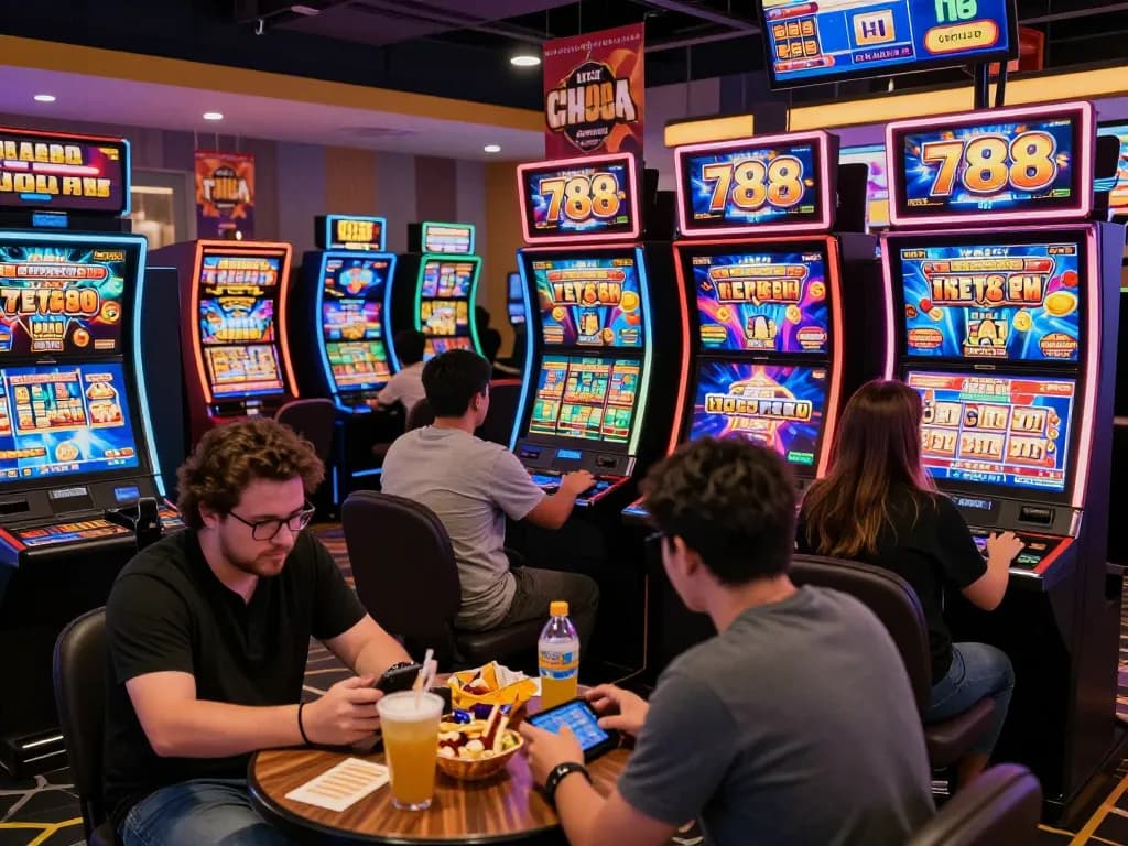 Pemain yang terlibat dalam permainan slot788 di kasino online yang ramai, menunjukkan kegembiraan dan suasana permainan yang berwarna-warni.