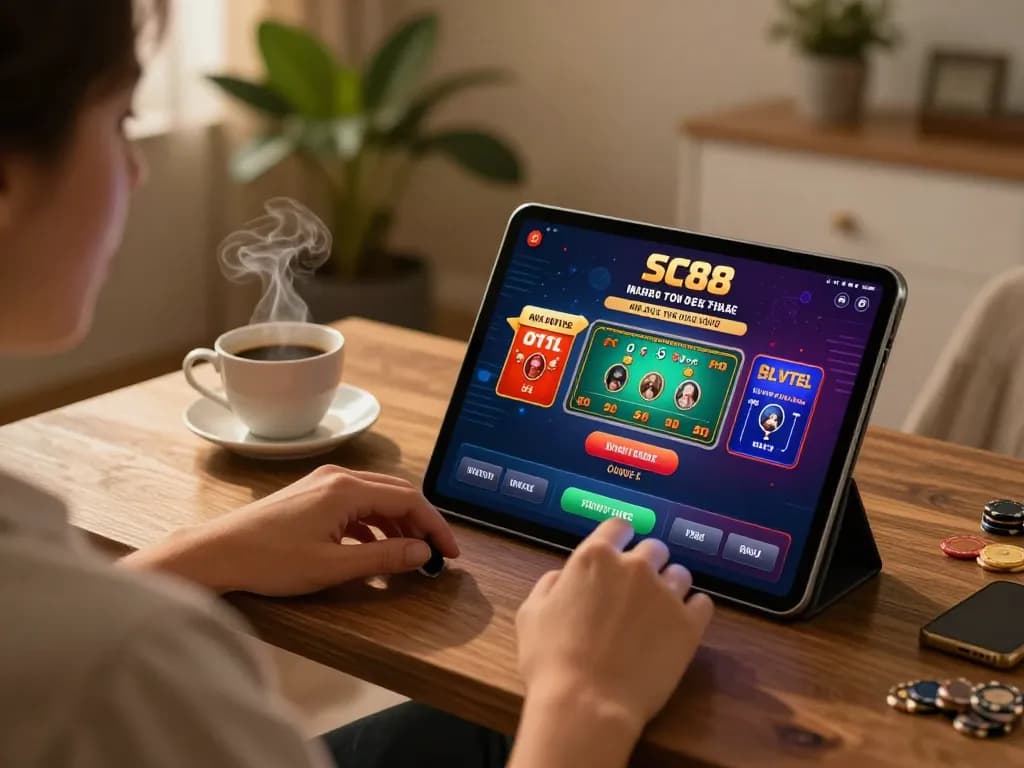 Player engaging with SC88 casino app on tablet, highlighting interactive online gaming experience.