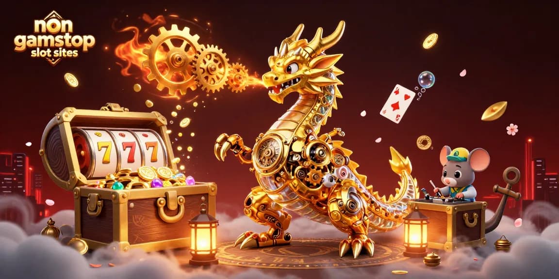 Engage with non gamstop slot sites in an illustration, showcasing a vibrant dragon scene and dynamic gameplay.