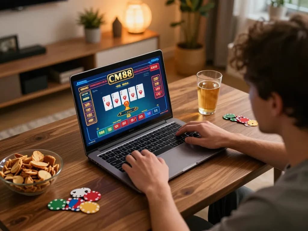Engaged player enjoying CM88 online casino games on laptop in cozy home setting.