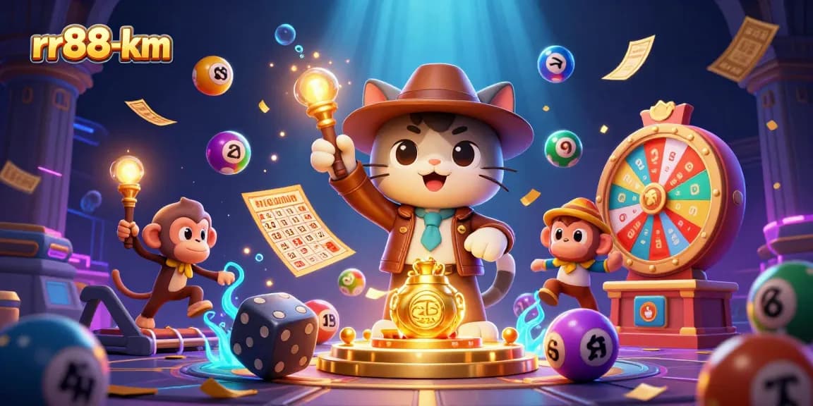Engage in the excitement of rr88-km with a lively 3D illustration showcasing a cat adventurer and monkey uncovering casino treasures.