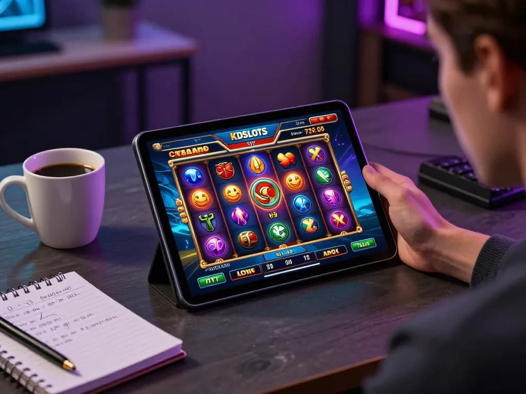 Engaging in online kdslot gaming on a tablet in a stylish workspace, showcasing spinning reels and vibrant slot game interface.