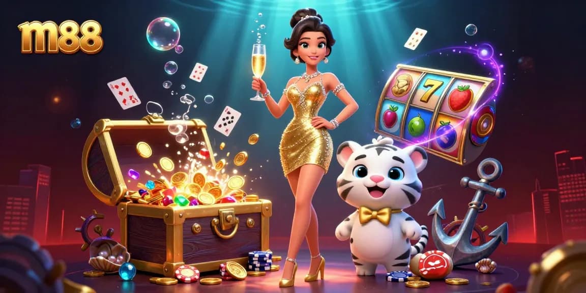 Rasakan kegembiraan kasino m88 yang mendebarkan dengan karakter glamor, elemen slot yang cerah, dan harta karun