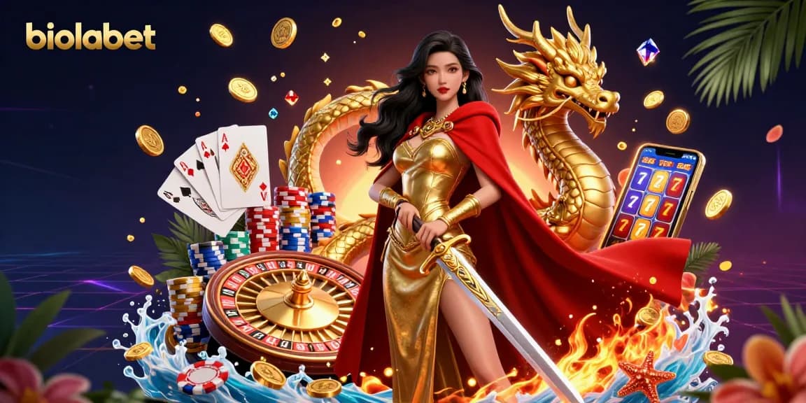 Rasakan permainan mendebarkan dengan visual kasino kaya biolabet, menampilkan mesin slot dinamis dan harta karun emas.