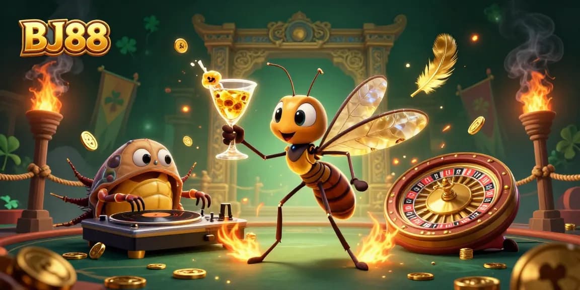 Experience the excitement at BJ88 with a vibrant casino-themed illustration featuring unique characters and dynamic elements.