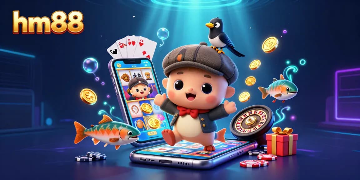 hm88 cartoon character highlights exciting slot games with vibrant imagery for interactive entertainment.