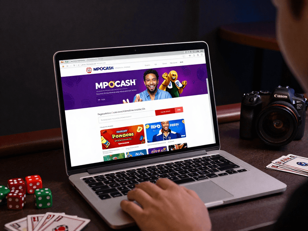 MPOCASH blog scene illustrating a user engaging with online gambling features, showcasing excitement and usability.
