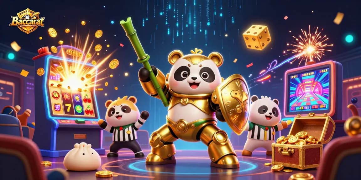 Baccarat action scene with a golden panda robot, dynamic casino elements, and vibrant animations.