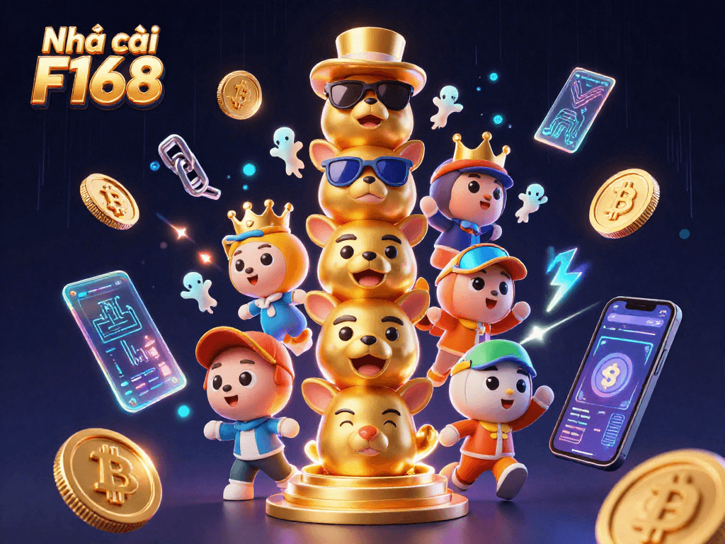 Engage with Nhà cái F168 through vibrant casino-themed illustration showcasing playful animal totems and crypto elements.