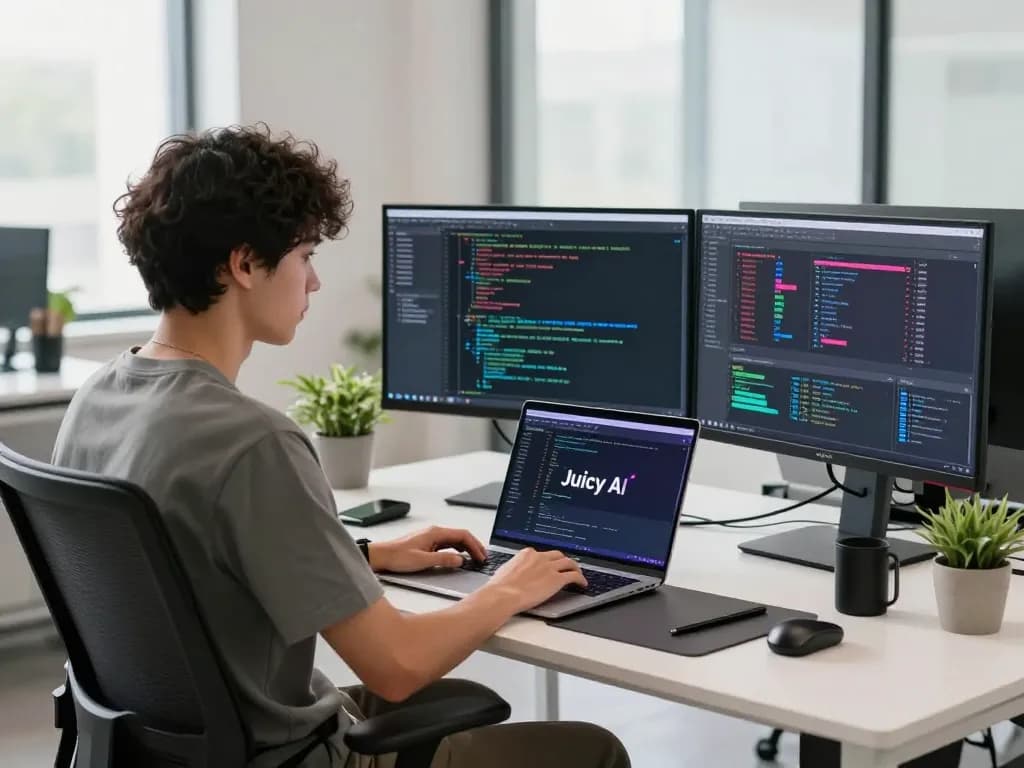 Developer utilizing juicy ai in a modern tech workspace with vibrant code on monitors.