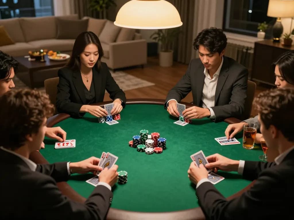 Friends enjoying a lively poker game at home showcasing Jun88 atmosphere and camaraderie.