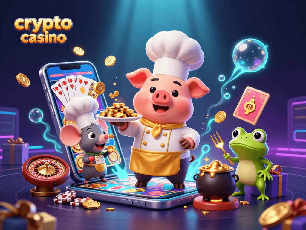 Experience exciting games at a vibrant crypto casino with animated characters and golden treasures.