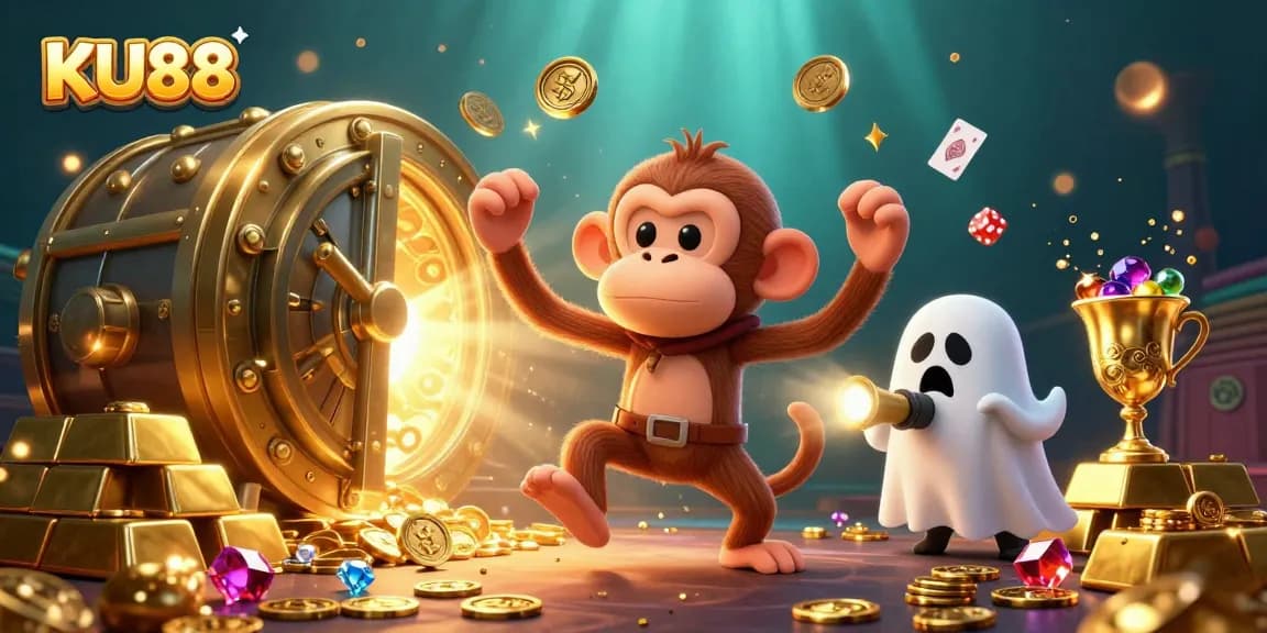 Engage in the vibrant world of KU88's haunted casino with golden treasures and whimsical characters.