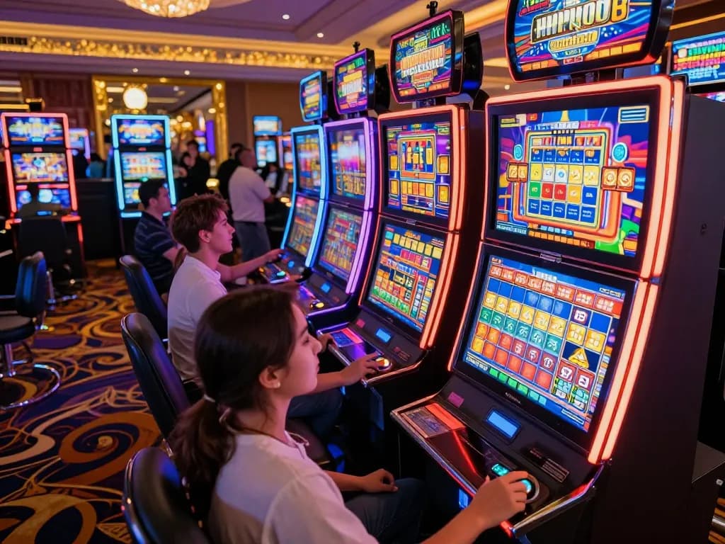 Players engaged at link slot machines, pressing buttons and celebrating wins in a lively casino scene.