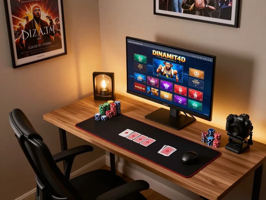 Engaging online gaming setup featuring dinamit4d interface, poker chips, and cards in a cozy atmosphere