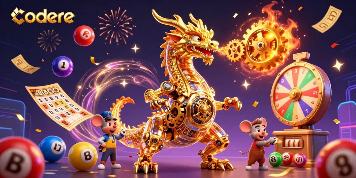 Experience Codere’s vibrant online fun with a 3D golden dragon breathing gears, exciting lottery elements, and a festive atmosphere.