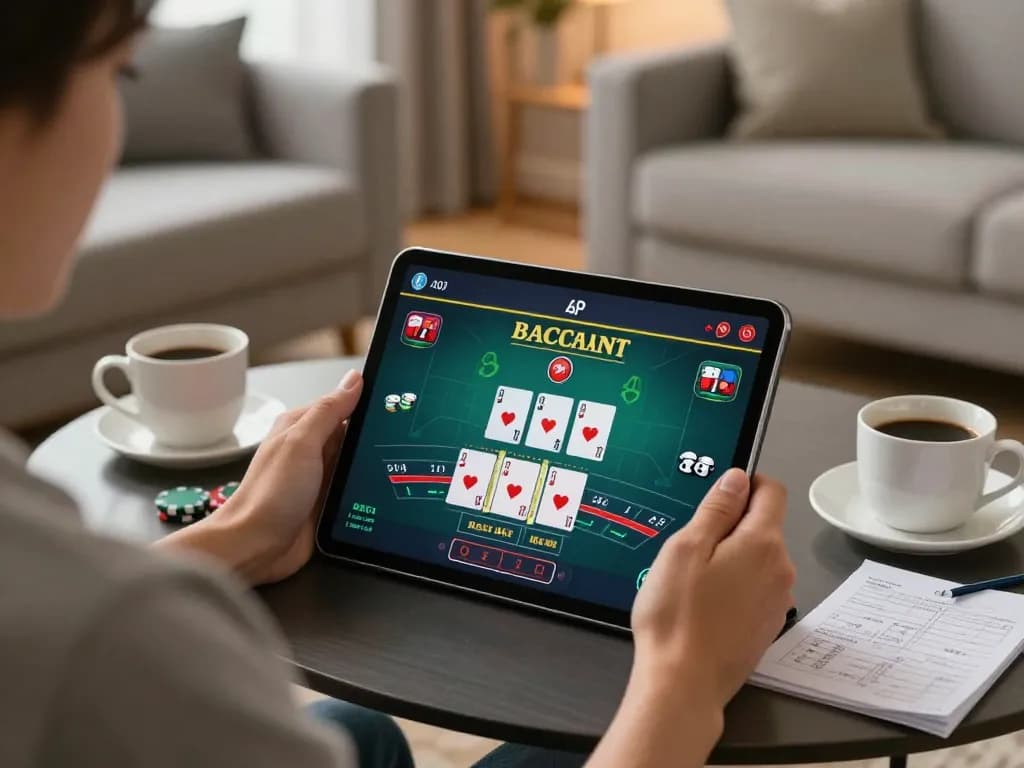 Baccarat live game displayed on tablet, showcasing online gaming experience in a cozy atmosphere.
