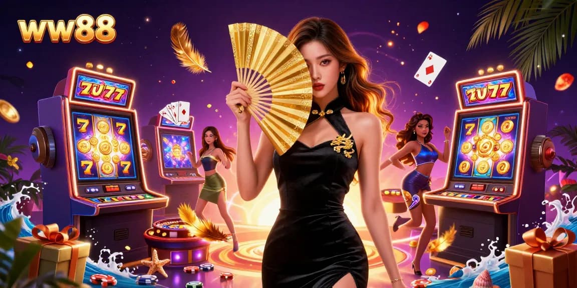Spin the reels at ww88, featuring a captivating Asian woman surrounded by vibrant slot games and golden winnings.