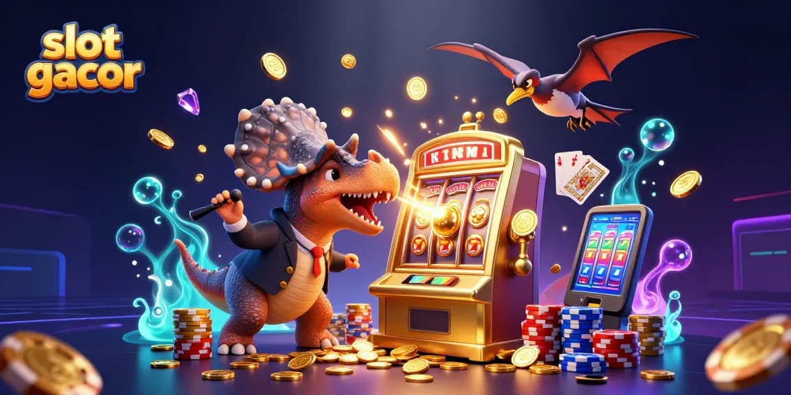 Slot gacor diawali dengan ilustrasi 3D di mana dinosaurus pachycephalosaurus memukul mesin slot emas untuk jackpot mata uang.