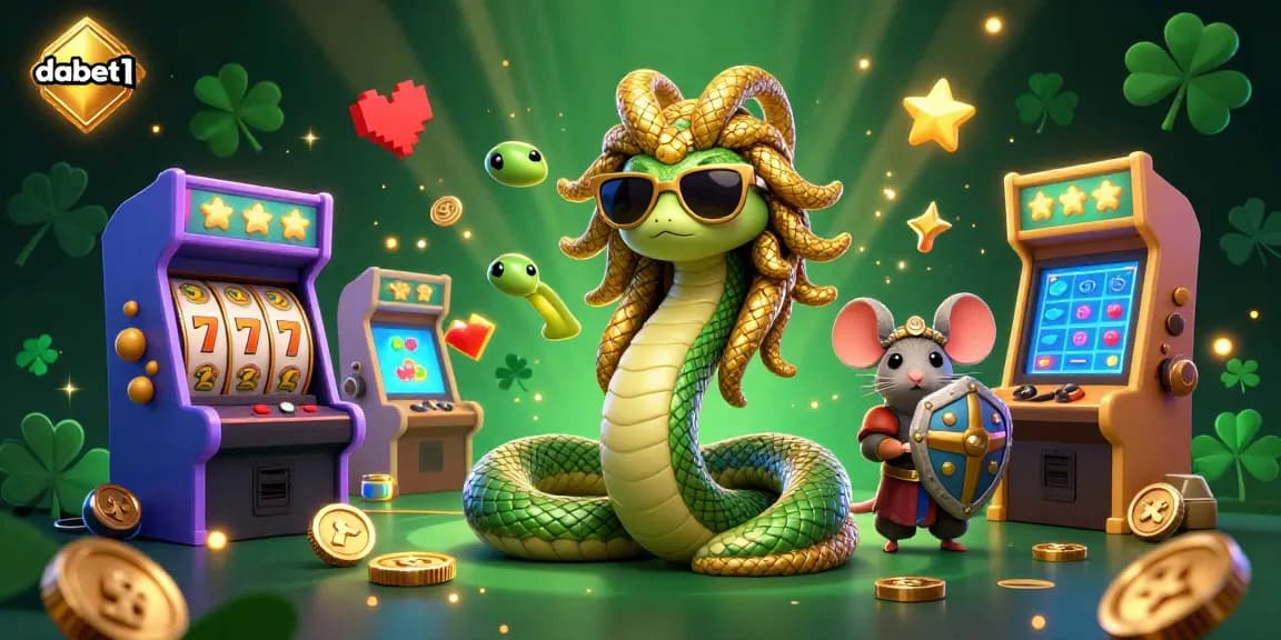 dabet1 raises the stakes with vibrant gaming elements in a lively casino scene featuring Medusa and a warrior mouse.